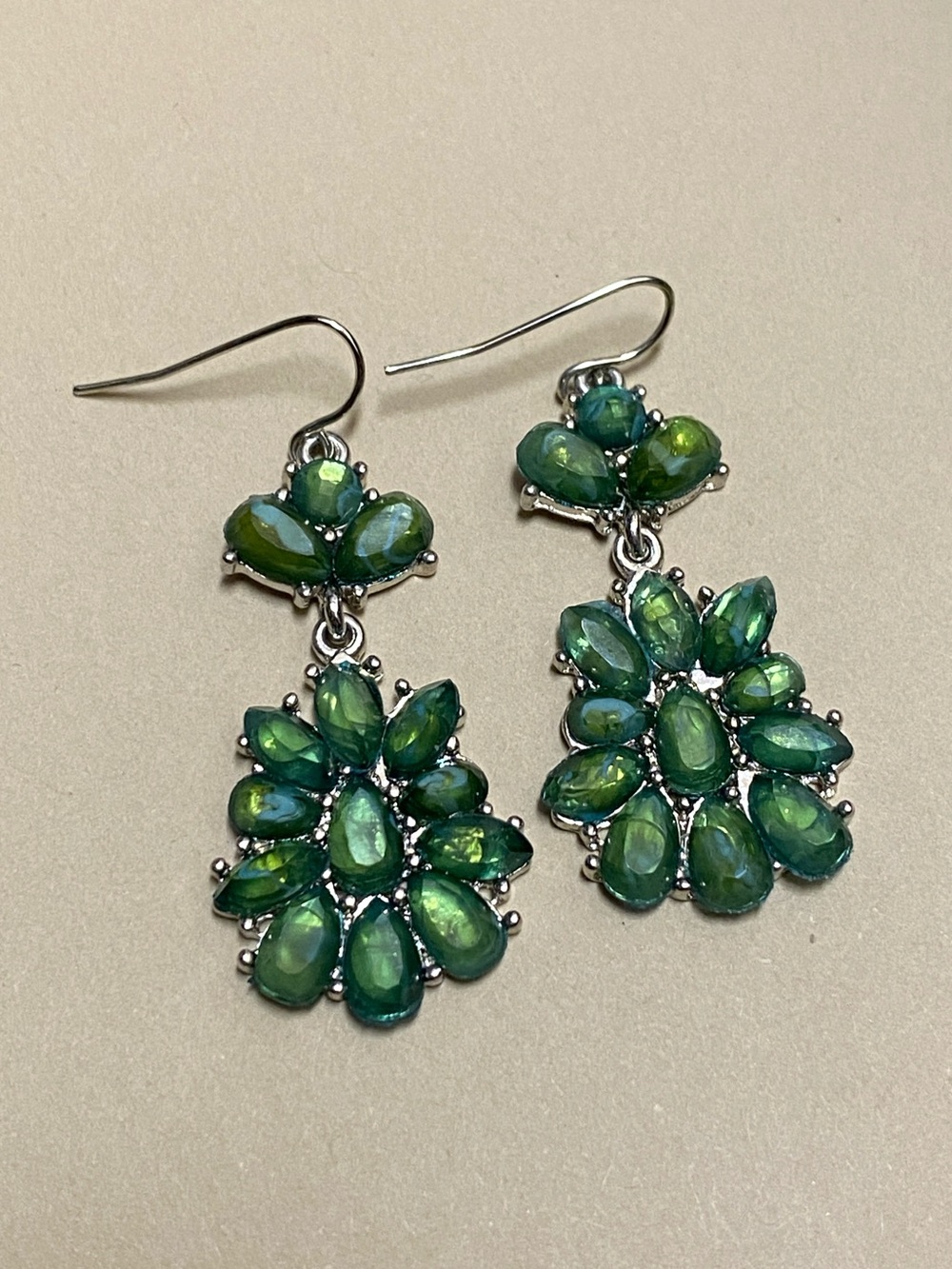 Vintage Green Stone Floral Drop Dangly Earrings